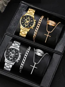 Close-up of gold and silver luxury watch sets with cross pendant and Cuban bracelets