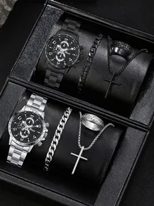 Men's fashion gift set with quartz watch, Cuban chain, ring, and cross necklace in a box