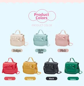 Detailed view of mini girls' bow bags in seven candy colors with matte leather finish