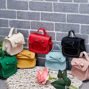 Kids Mini Bowknot PU Leather Crossbody Bag Korean Fashion Girls Cute Shoulder Bag With Contrast Stitching Handbag Gift