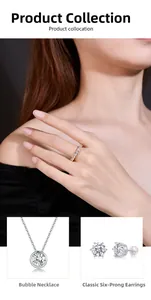 Close-up of S925 silver moissanite jewelry set with bubble necklace and six-prong earrings