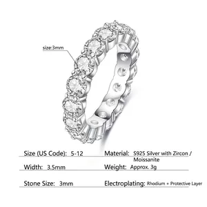 S925 sterling silver eternity ring with 3mm round moissanite stones in rhodium plating