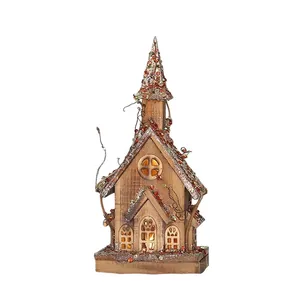 Lighted wooden church ornament with retro spire and festive red gold sequin details