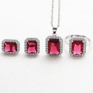 Vintage S925 sterling silver jewelry set with emerald-cut ruby stones and halo diamonds