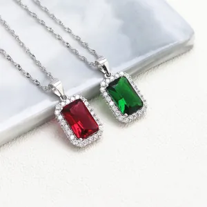 Retro S925 silver necklace set featuring emerald cut red and green crystal pendants