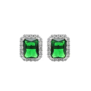 Classic S925 silver emerald halo stud earrings with rectangular green gemstones