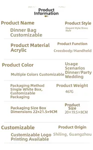 Detailed specifications for acrylic evening bag including material style and usage scenarios