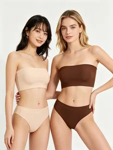 Detail of high-stretch seamless tube bra and high-waist panty set in beige and brown colors
