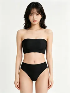 Front view of black strapless tube top and high-cut seamless lingerie set for women