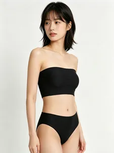 Seamless black strapless bandeau and high-waist brief set with breathable stretch fabric