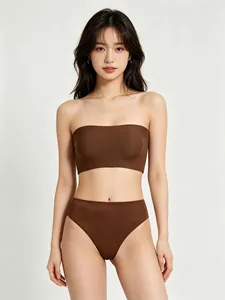 Detailed view of seamless dark brown strapless bandeau top and high-cut briefs set
