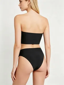 Detailed back view of seamless black bandeau bra and high-waisted panty lingerie set