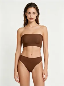 Chocolate brown strapless bandeau bikini set with high-stretch seamless minimalist design