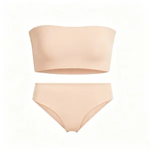 Seamless strapless bandeau bra and high waist panties set in nude color for women
