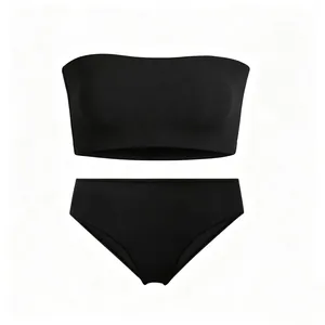 Two-piece black strapless bandeau bikini set with high-elastic seamless fabric texture