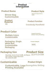 Detailed product information for gold PU evening clutch bag including size and weight