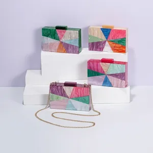 Acrylic Evening Clutch Bag Women Geometric Splicing Marble Texture Hard Shell Banquet Wedding Crossbody Metal Chain