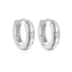 Elegant S925 sterling silver star hoop earrings inlaid with sparkling zircon crystals