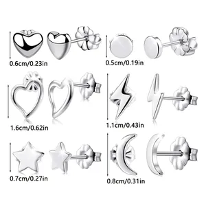 Detailed size guide for silver stainless steel heart, star, and moon stud earring set