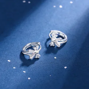 Elegant S925 sterling silver hoop earrings with a bow-shaped crystal design