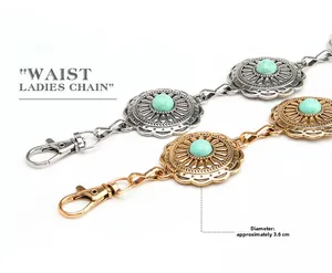 Detail of bohemian waist chains with 3.6cm turquoise pendants in gold and silver metal