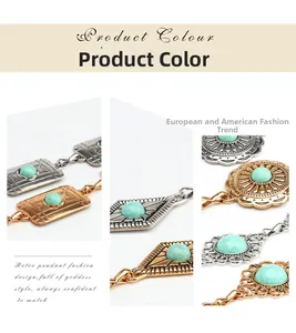 Close-up of retro metal chain belts with turquoise stones in gold and silver finishes
