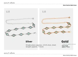 Detail of vintage metal waist chain with turquoise-style stones and size dimensions