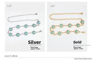 Detail of vintage metal waist chain with turquoise stones and ornate floral engraving