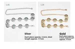 Detail of bohemian metal waist chain with turquoise stones and adjustable lobster clasp