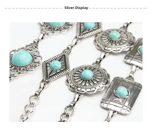 Detailed close-up of retro silver metal waist chain with turquoise stones and carvings