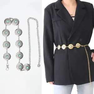 Women Waist Chain Belt Vintage Metal Ethnic Bohemian Style Turquoise Stone Inlaid Adjustable Accessories For Dresses