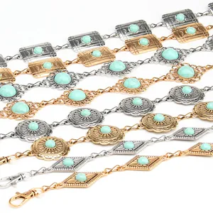 Vintage metal waist chain with turquoise stones in gold and silver finish for dresses