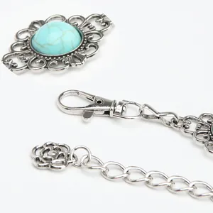 Vintage metal waist chain with turquoise stone inlay and floral lobster clasp detail