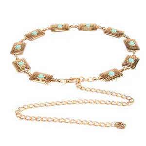 Bohemian gold metal chain belt with turquoise beads and rose pendant for dresses