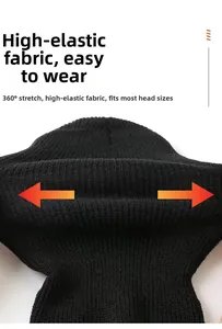 Detail of black knitted ski mask showing high-stretch fabric for universal head sizing