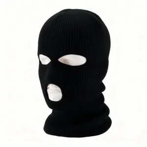 Winter thermal 3-hole knitted balaclava mask for skiing and outdoor cycling in black