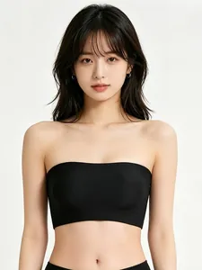 Seamless black bandeau bra with high-elasticity matte fabric shown on model