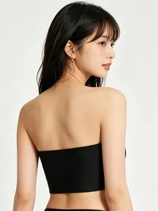 Detailed side view of high-elastic black strapless tube top showing seamless ribbed texture
