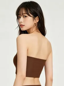 Side view of a seamless brown strapless tube top made from high-elastic breathable fabric