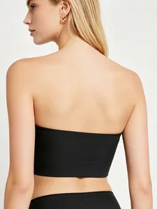 Close-up back view of black seamless bandeau top showing high-stretch fabric and smooth fit
