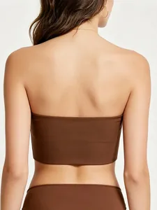 Rear view of a dark brown strapless tube top with a seamless matte elastic finish