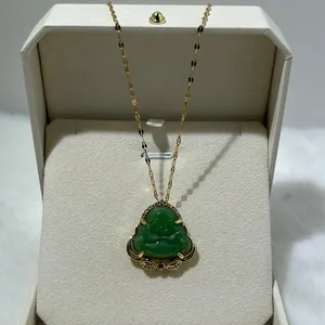 Green Maitreya Buddha pendant necklace with gold plating and cubic zirconia accents
