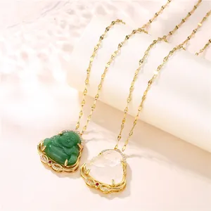 Gold plated Laughing Buddha necklace with green chalcedony and inlaid zirconia stones
