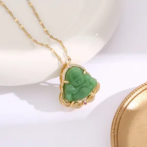 New Chinese style Maitreya Buddha necklace with green chalcedony and gold plated zircon
