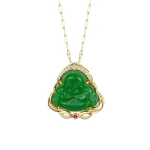Green jade Buddha pendant necklace with gold plated casing and sparkling cubic zirconia