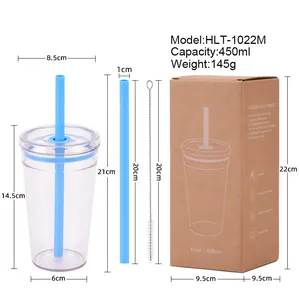 450ml Tritan straw cup HLT-1022M with straws and brush, 16oz clear tumbler with box