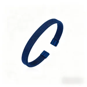 Blue mesh-woven titanium steel open C-shaped cuff bracelet with a polished finish