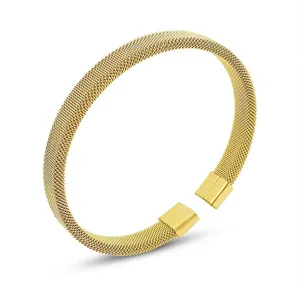 Polished gold mesh cuff bracelet with stainless steel texture and sleek square ends