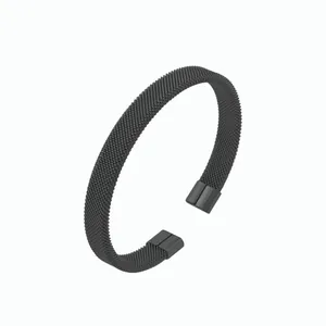 Minimalist black woven stainless steel mesh bracelet with polished cylindrical ends