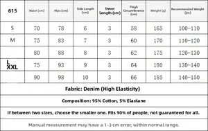Tabella taglie per shorts di jeans elasticizzati con misure di vita e fianchi